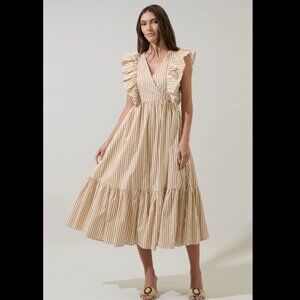 NWT Luna Striped Fairness Taupe Poplin Surplice Midi Dress Size S